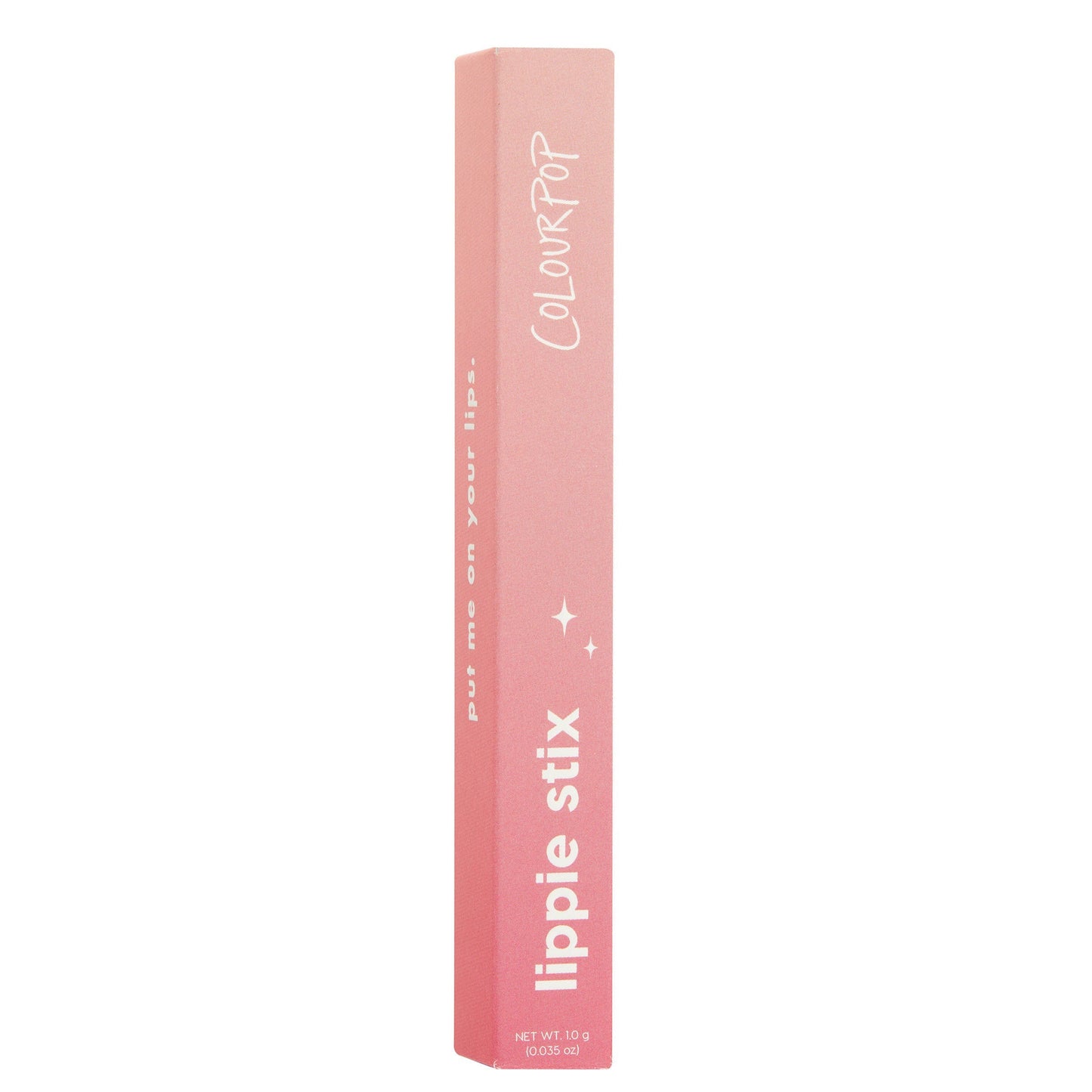 Songbird Lippie Stix box standing upright, a slim gradient pink ColourPop carton printed with “lippie stix” and star icons, on a white studio background - ColourPop Lippie Stix shade Songbird, 1.0 g (0.035 oz).