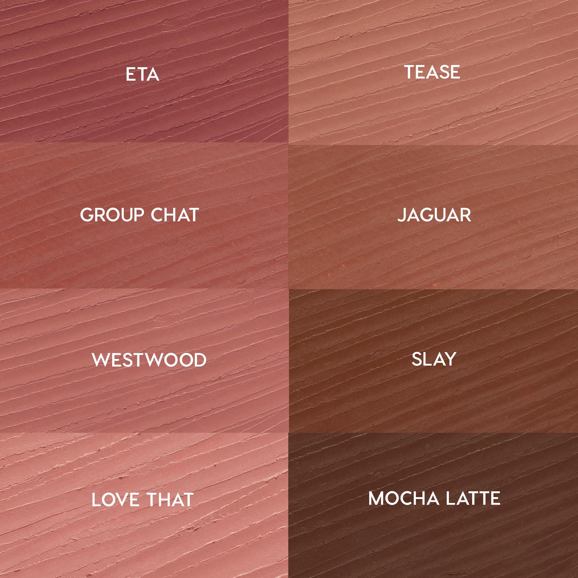 Swatch grid highlighting Juiciest Pout, the ColourPop So Juicy Plumping Lip Liner Set - eight creamy shades in a 2x4 layout labeled ETA, TEASE, GROUP CHAT, JAGUAR, WESTWOOD, SLAY, LOVE THAT, MOCHA LATTE - spanning rosy mauves to rich browns.