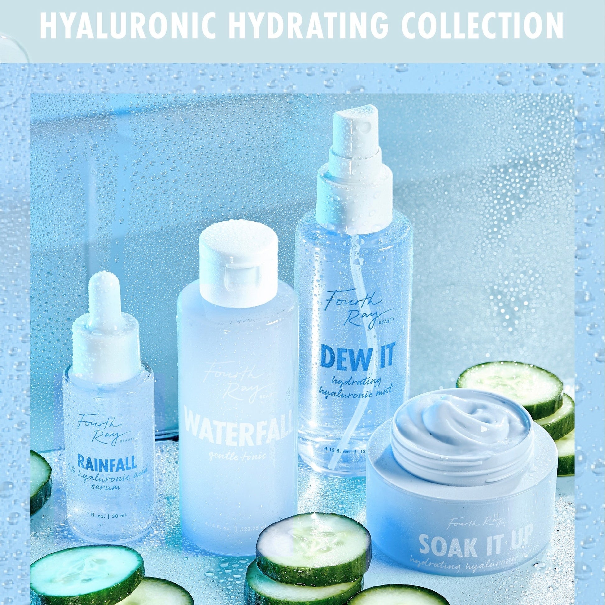 Waterfall Gentle Tonic ColourPop Face Toner stands upright in a frosted blue flip-cap bottle beaded with condensation, surrounded by cucumber slices and Fourth Ray hyaluronic products for a dewy, hydrating skincare lineup.