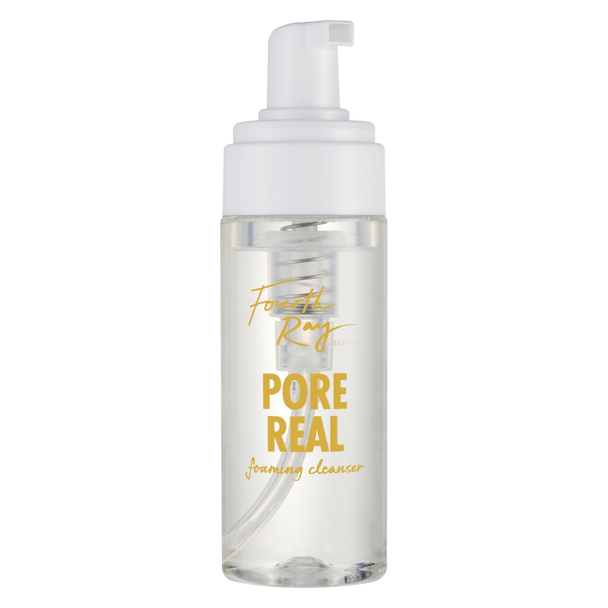 Fourth Ray Beauty Pore Real Cleanser standing upright with a white foaming pump, clear bottle, and gold lettering, a ColourPop Face Cleanser for gentle facial cleansing, shown against a clean white studio background.