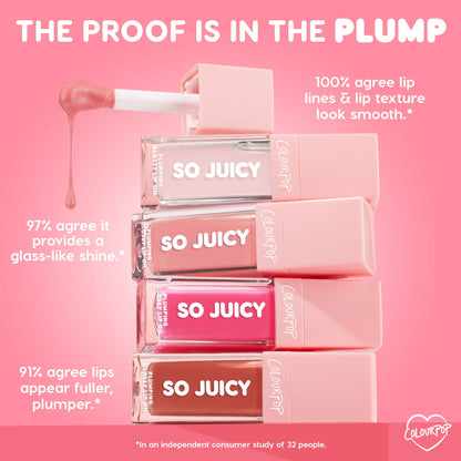 ColourPop So Juicy Plumping Glossy Lip Oil Hits Diff, four stacked tubes with a wand dripping gloss on a pink backdrop; infographic claims 100% smoother-looking lip lines, 97% glass-like shine, 91% fuller lips; shades in nude, coral, and hot pink.