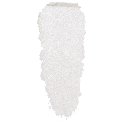 Tassel Super Shock Shadow by ColourPop - pearly white eyeshadow swatch shimmering with icy silver microglitter - smeared in a single swipe to show creamy texture and high-shine finish, on a clean white background.